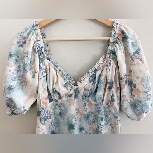 Cream and Blue Puff Sleeve Mini Sundress - Picture 5 of 5